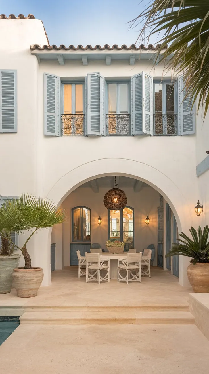 Elegant Mediterranean architecture defines this airy home, showcasing a light and bright interior with blue accents and warm lighting