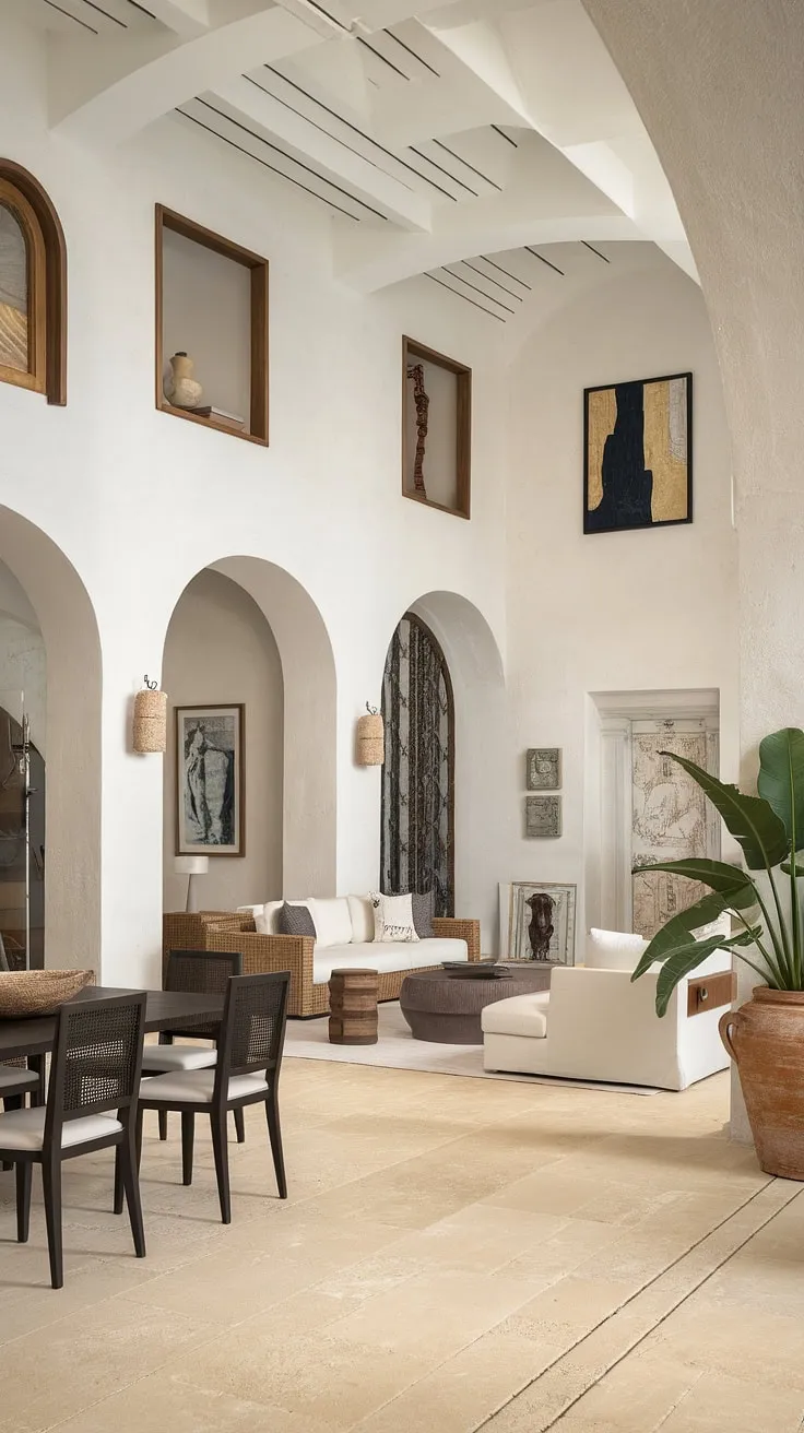 High ceilings and arched doorways define a bright, airy space furnished with a mix of modern and traditional pieces in a light Mediterranean home.