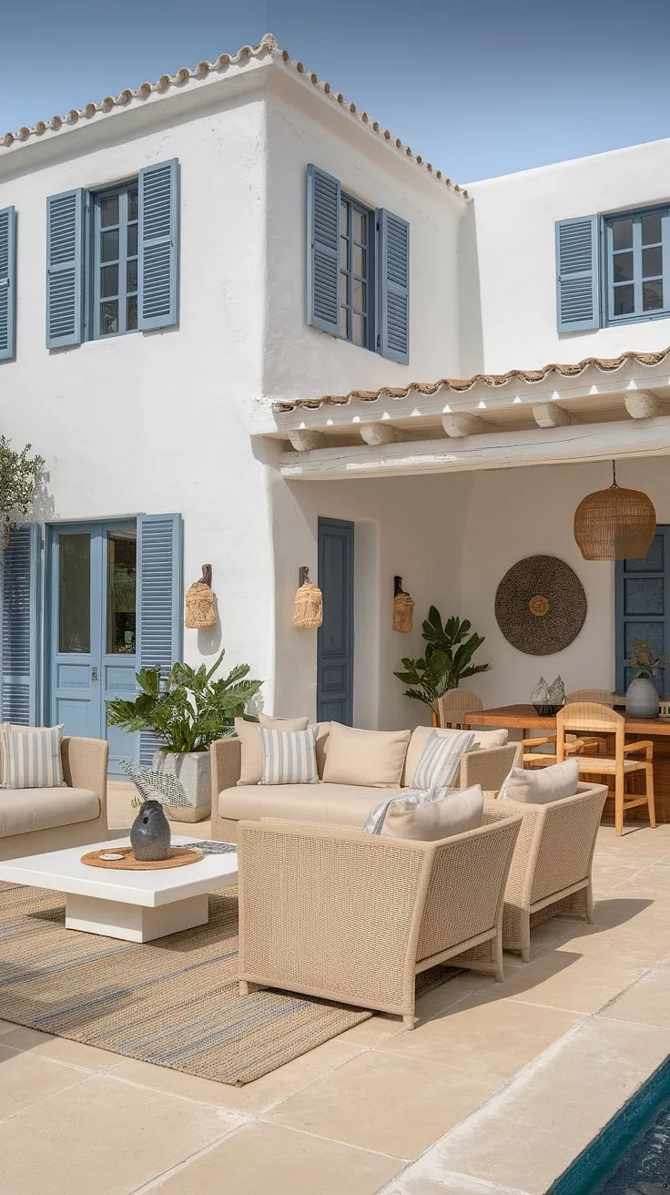 Sunlight streams into a bright Mediterranean home, its white exterior and light interior accented by blue doors, beige floors, and warm wooden details.