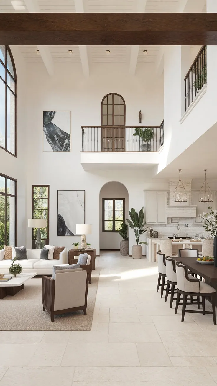 Sunlight streams into a spacious Mediterranean ranch home, its Italian-inspired design creating a light, inviting atmosphere.
