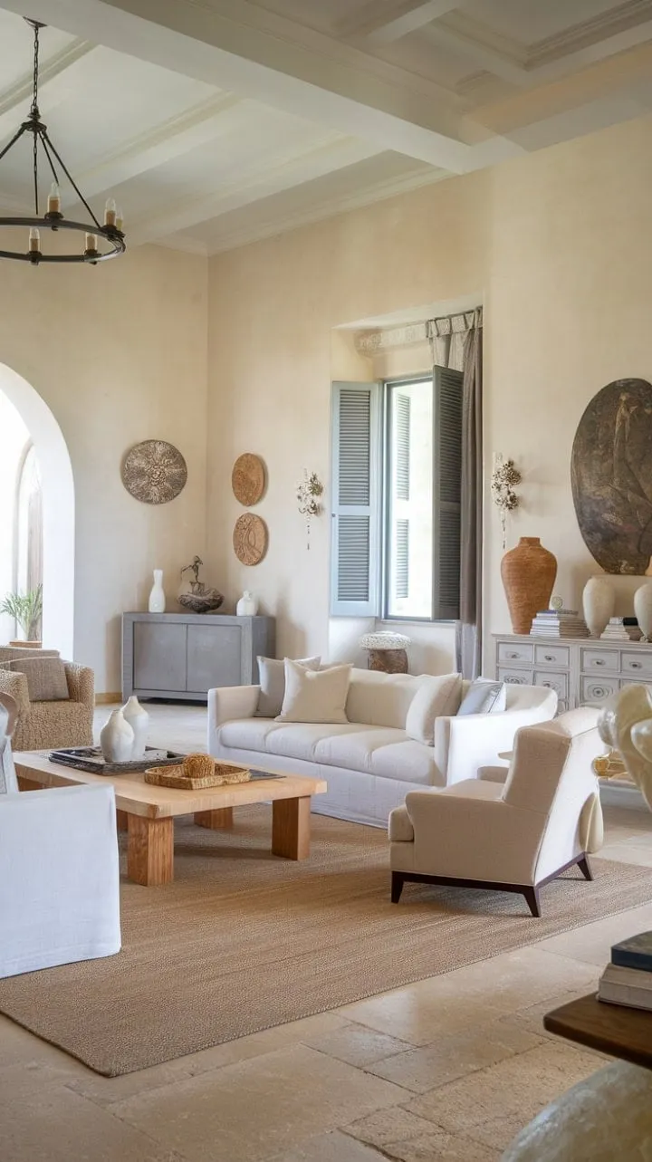 Relax in a sunlit sanctuary where Mediterranean elegance meets cozy comfort, featuring a spacious living room adorned with high ceilings and stylish furnishings.