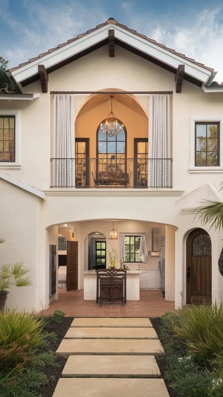 Bathed in sunlight, this Mediterranean-inspired ranch boasts terracotta floors, high ceilings, and dark brown accents, harmoniously blending relaxed living with elegant charm.