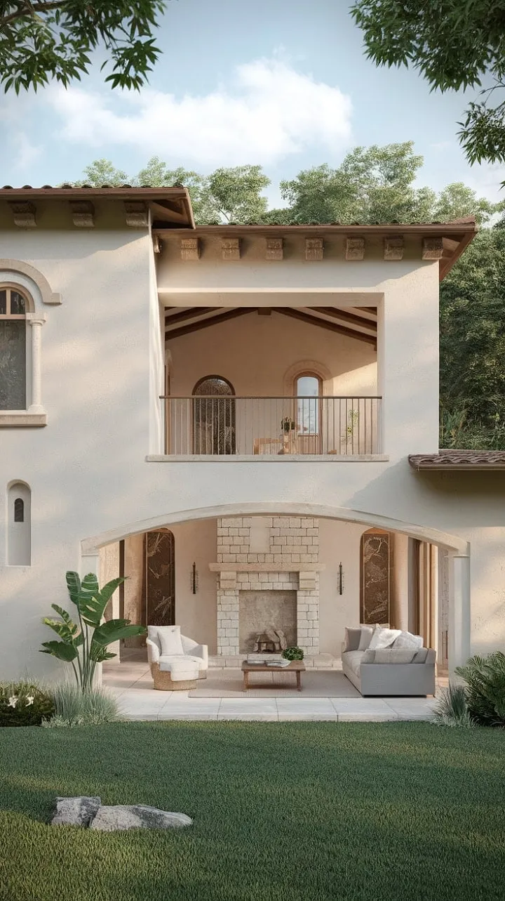 Sunlight dances through arched windows of an Italian-inspired villa, where rustic charm and effortless elegance create a tranquil haven.