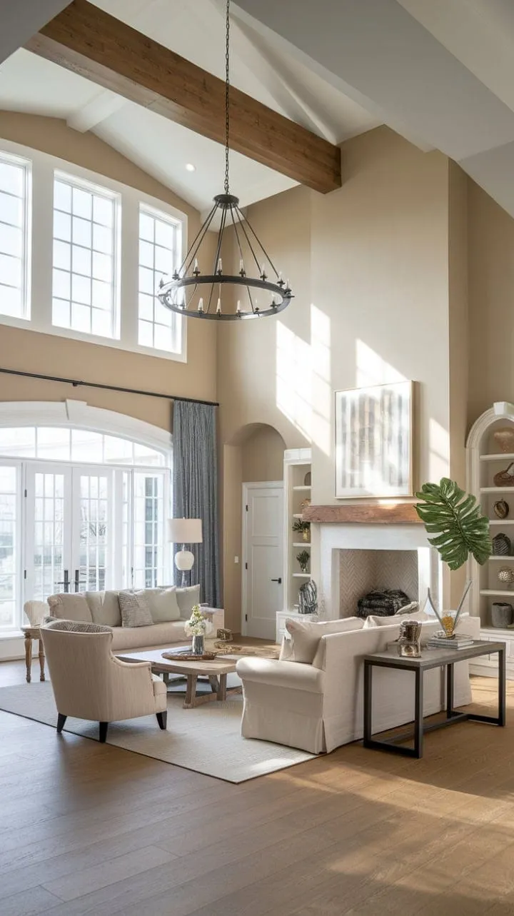 This sun-soaked Mediterranean living room, adorned with an elegant chandelier and a cozy fireplace, captures the tranquil essence of Italian-inspired design through its thoughtful details and serene ambiance.