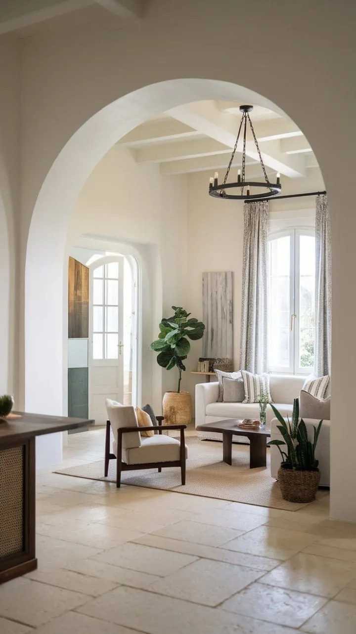 This Italian home, drenched in Mediterranean light, elegantly combines classic style with effortless charm through its dark wood accents, bright white walls, and vibrant greenery.