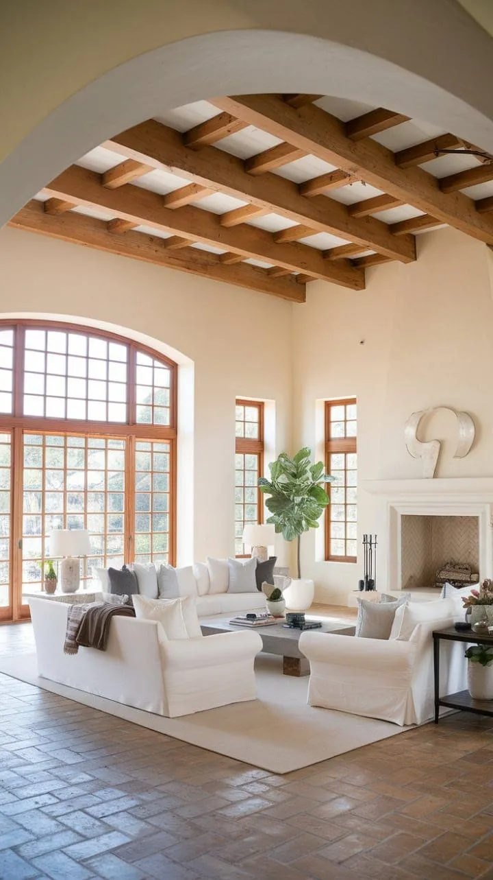 This Italian-inspired Mediterranean home features a sunlit living room that harmoniously blends warm terracotta floors with cool white decor, elevated by high ceilings and rustic wooden beams.