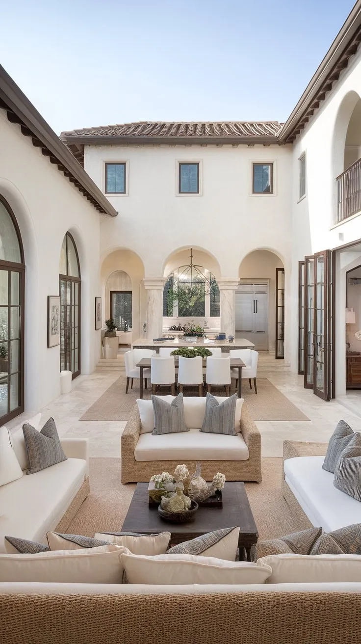Bathed in sunlight, a spacious Mediterranean home with terracotta roof, arched doorways, and French doors blends Italian architecture and modern comfort.