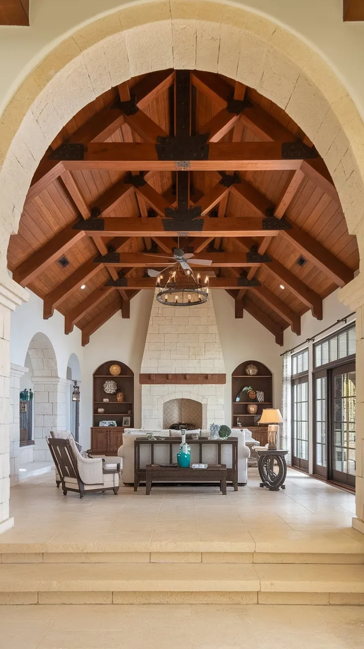 Beige stone and a red roof crown a Mediterranean ranch home, its light interior showcasing wooden beams and a comforting fireplace.