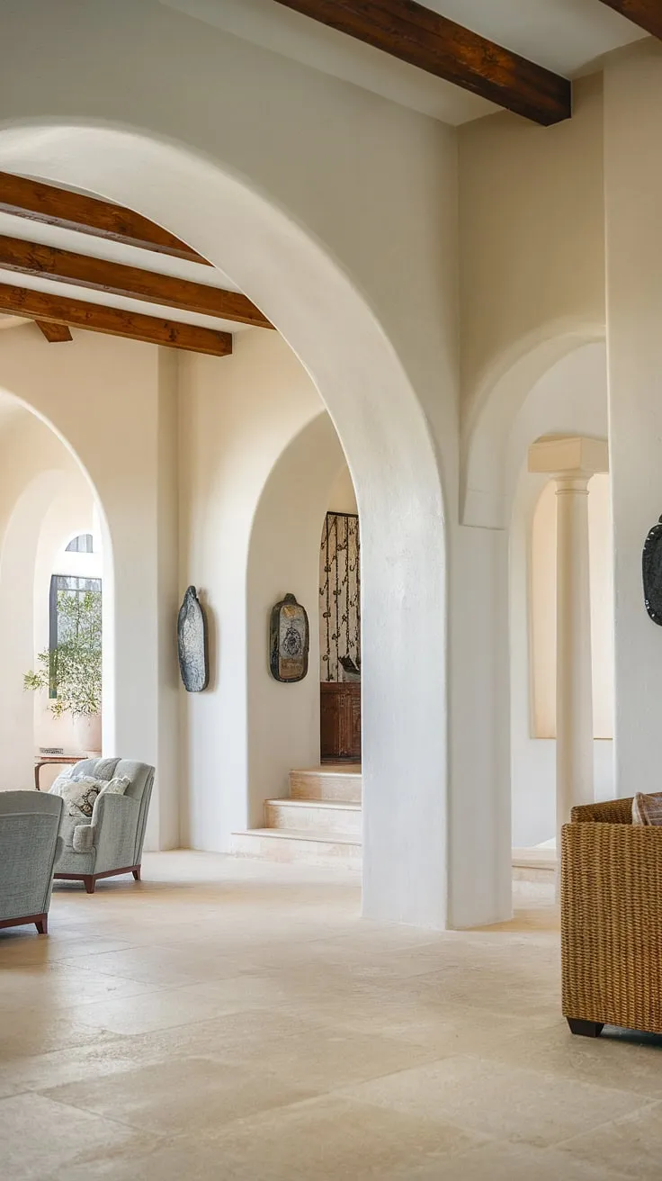 A light-filled ranch home blends Italian-inspired columns and arches with a comfortable and open living space