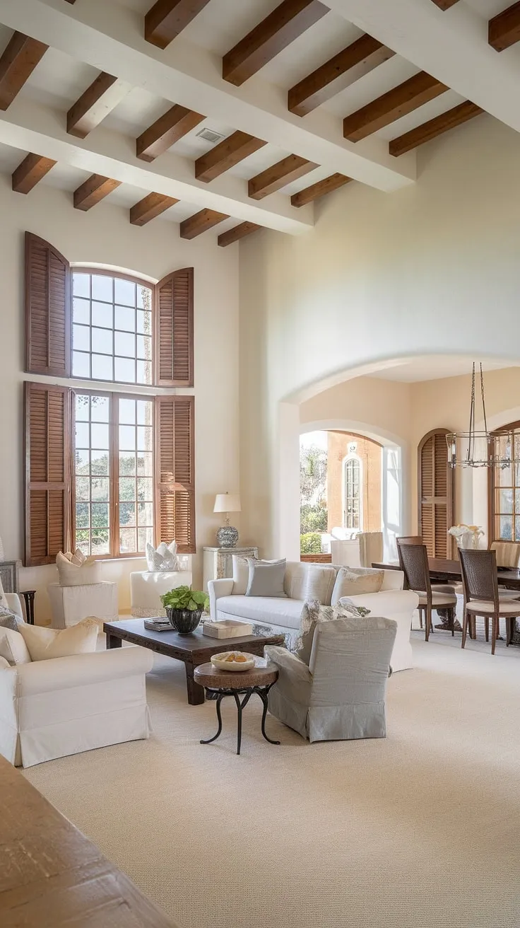 Sunlight streams through wooden shutters into a spacious Mediterranean ranch home, illuminating its light Italian-inspired interior.