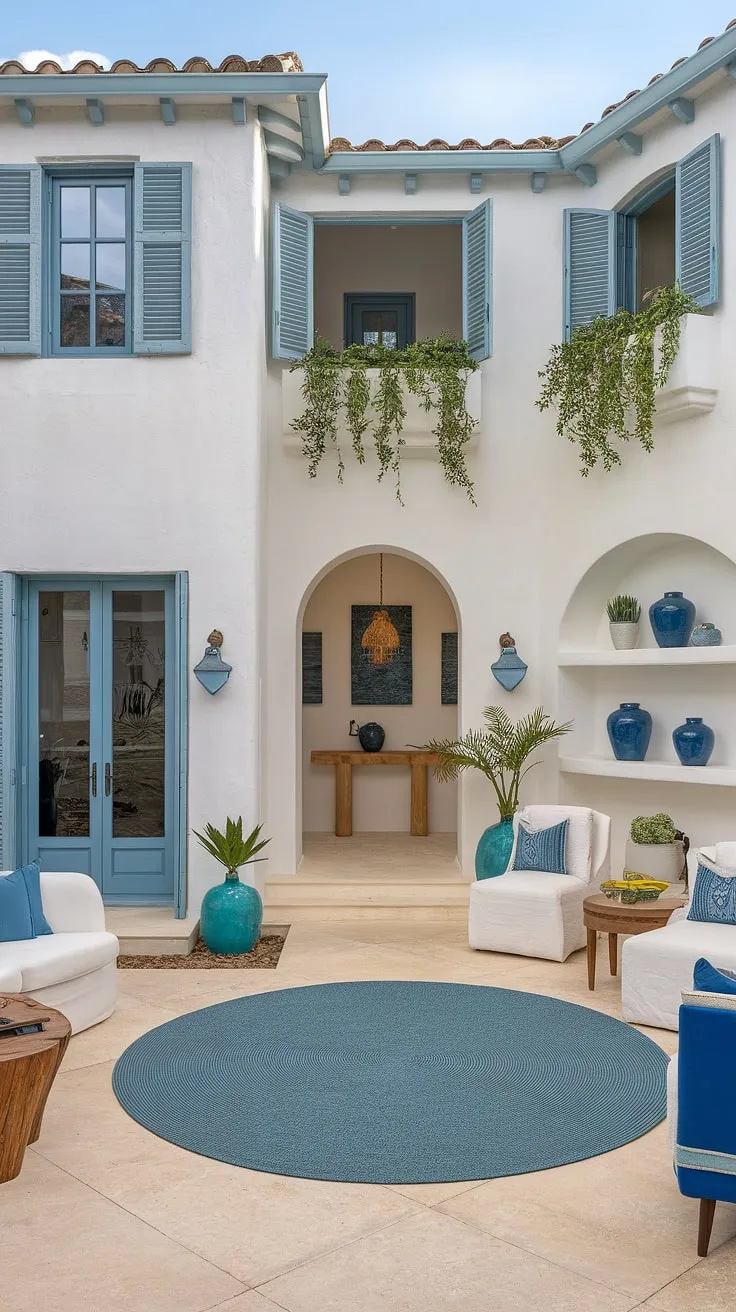 A sun-drenched Mediterranean home boasts a calming white and blue interior, accented with natural wood and lush greenery.