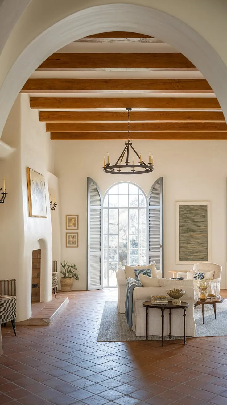 Sunlight streams into a charming ranch-style Mediterranean home, its light interior showcasing Italian architecture, terracotta floors, and wooden beams.