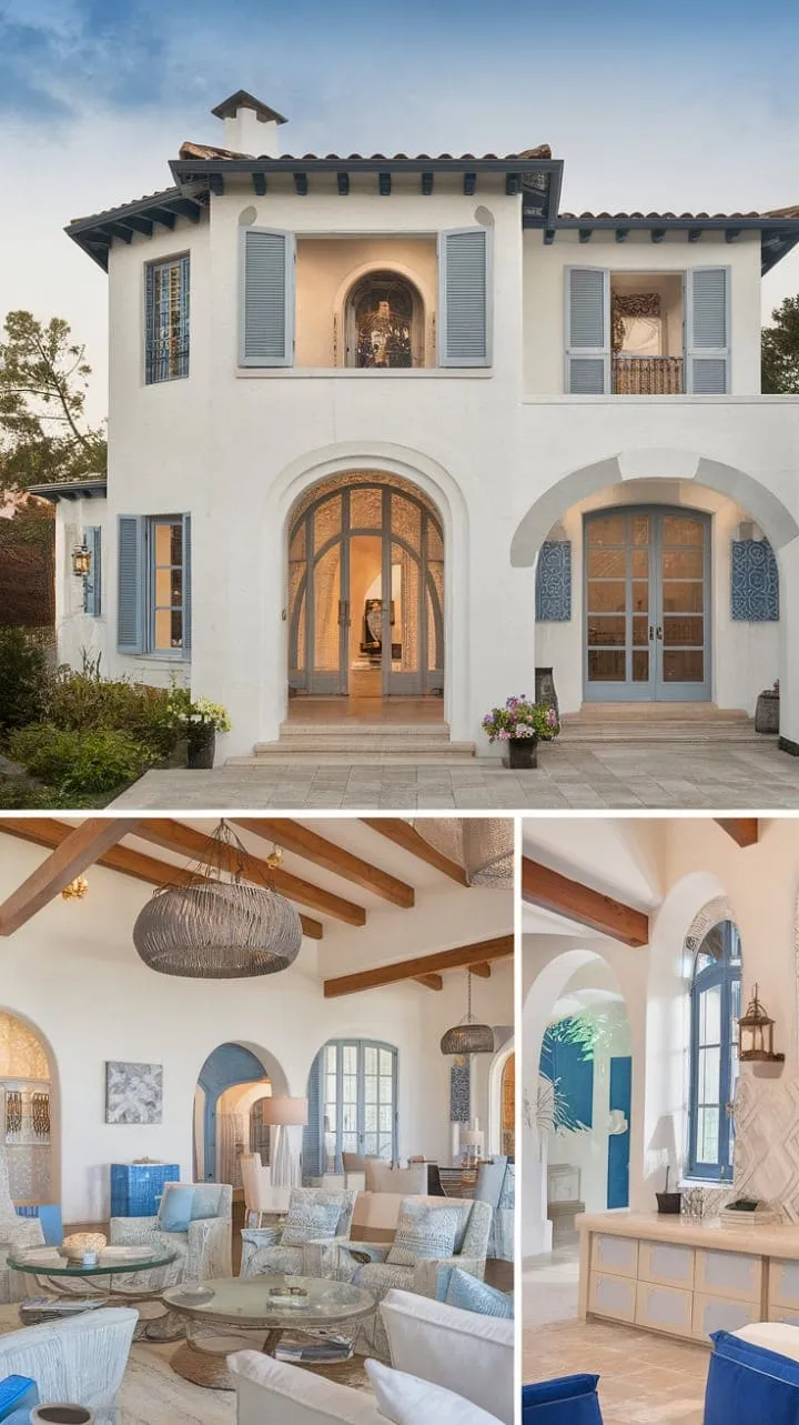This sunlit Mediterranean ranch home, adorned with exposed wood beams and soothing blue tones, offers a serene escape into sophisticated comfort.