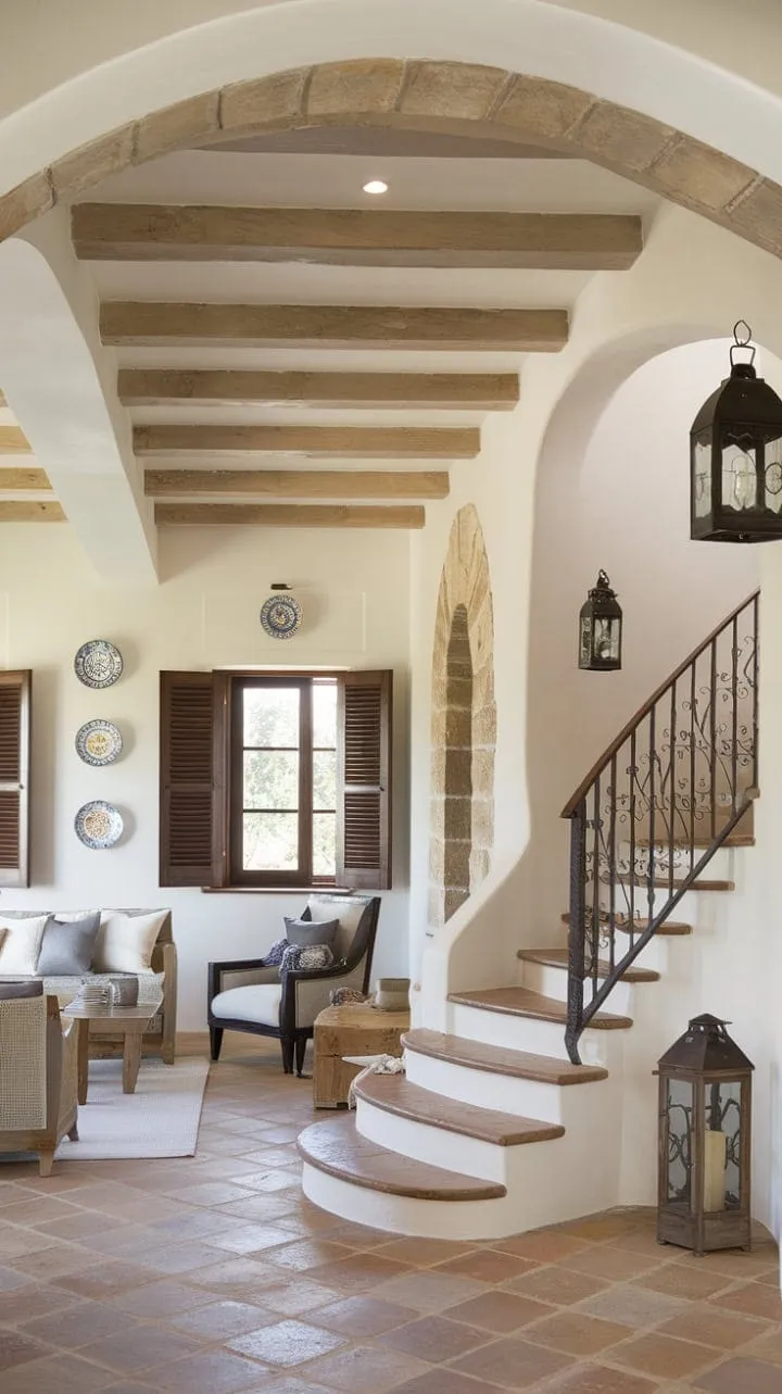 Sunlight dances through rustic shutters, revealing a serene Mediterranean retreat adorned with wooden beams, terracotta floors, and elegant wrought iron accents.
