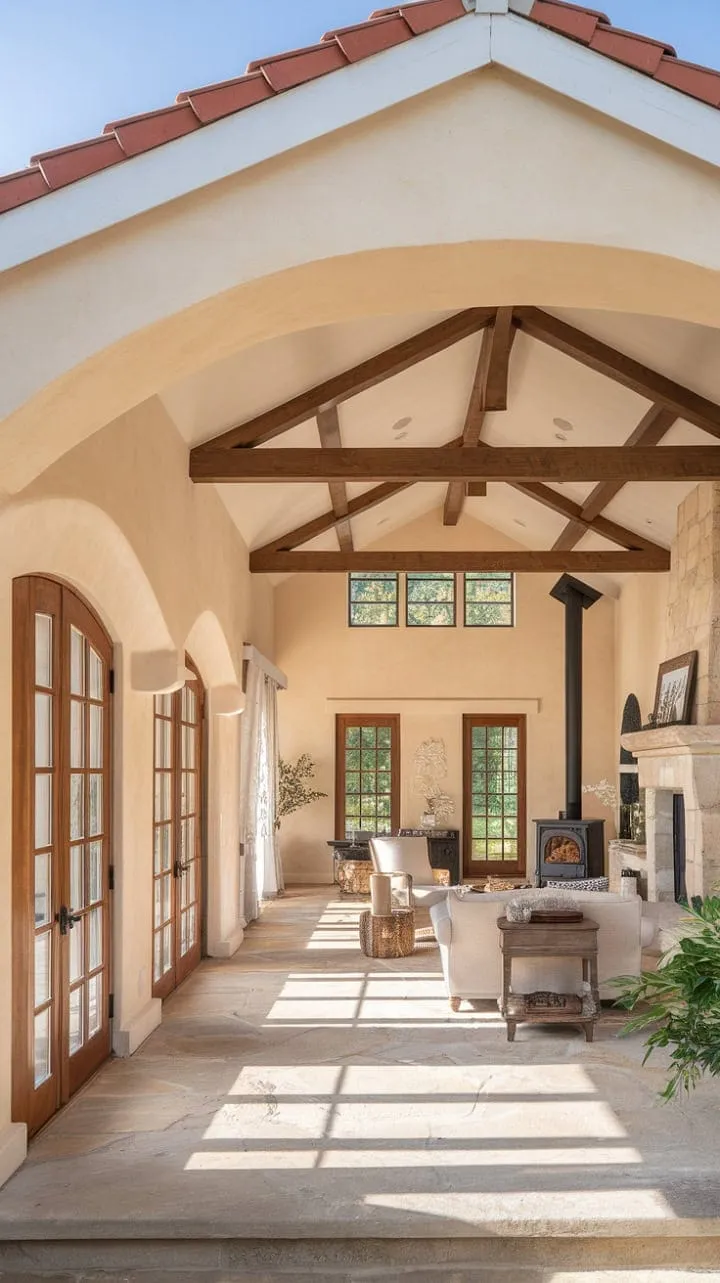 Sunlight dances through wooden shutters in this Mediterranean ranch, where rustic charm meets modern comfort under vaulted ceilings and exposed beams, creating a serene oasis.