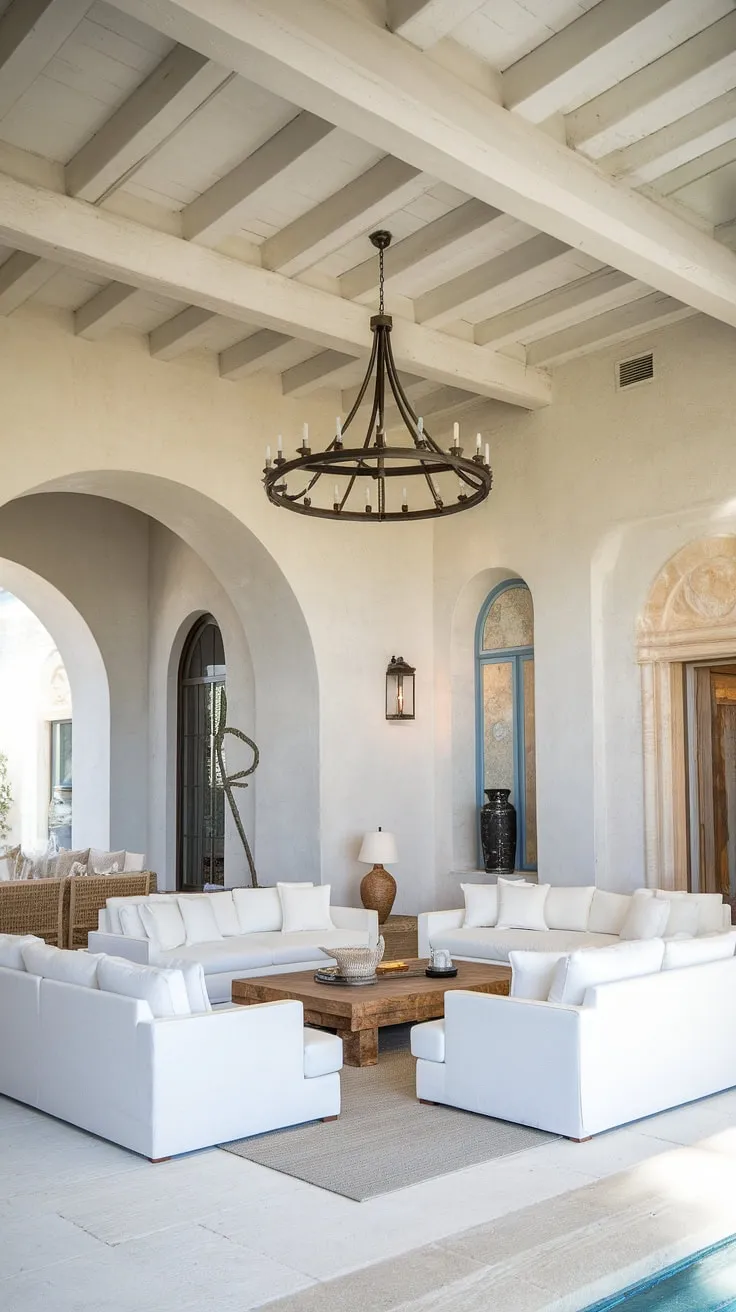 High ceilings, whitewashed walls, and wooden beams create a sun-drenched Italian-inspired Mediterranean haven.