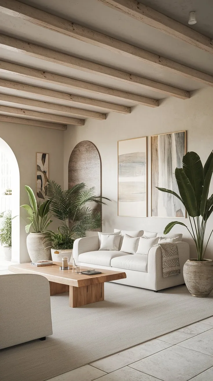 Sunlight streams into a charming Italian-style home, its high-beamed ceiling and whitewashed walls showcasing a relaxed Mediterranean aesthetic.