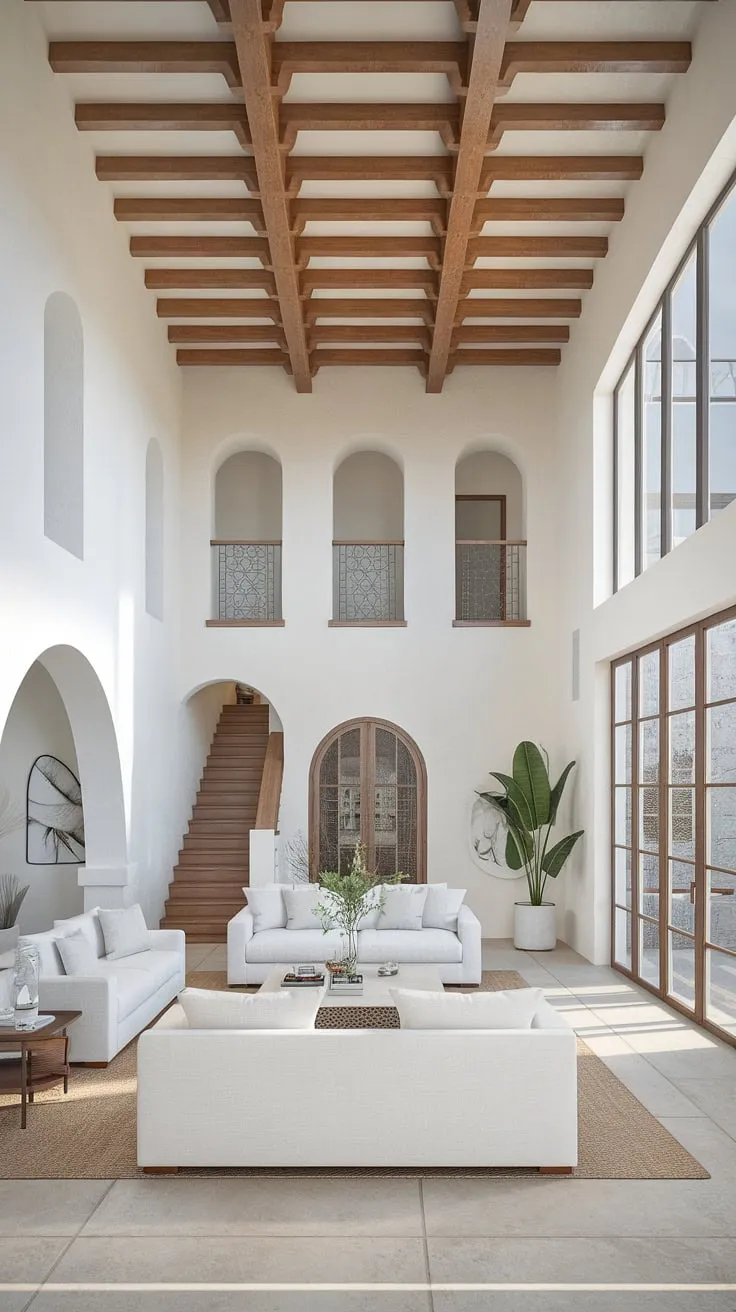 A bright Mediterranean home features high ceilings, arched walls, and a simple design emphasizing natural light and wood.
