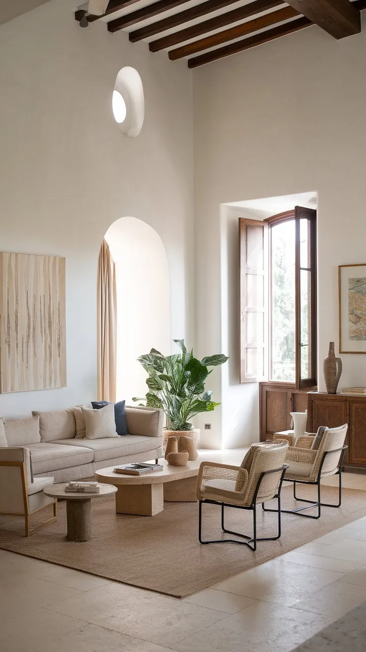 Sunlight streams into a high-ceilinged Italian-style living room, illuminating a serene Mediterranean interior