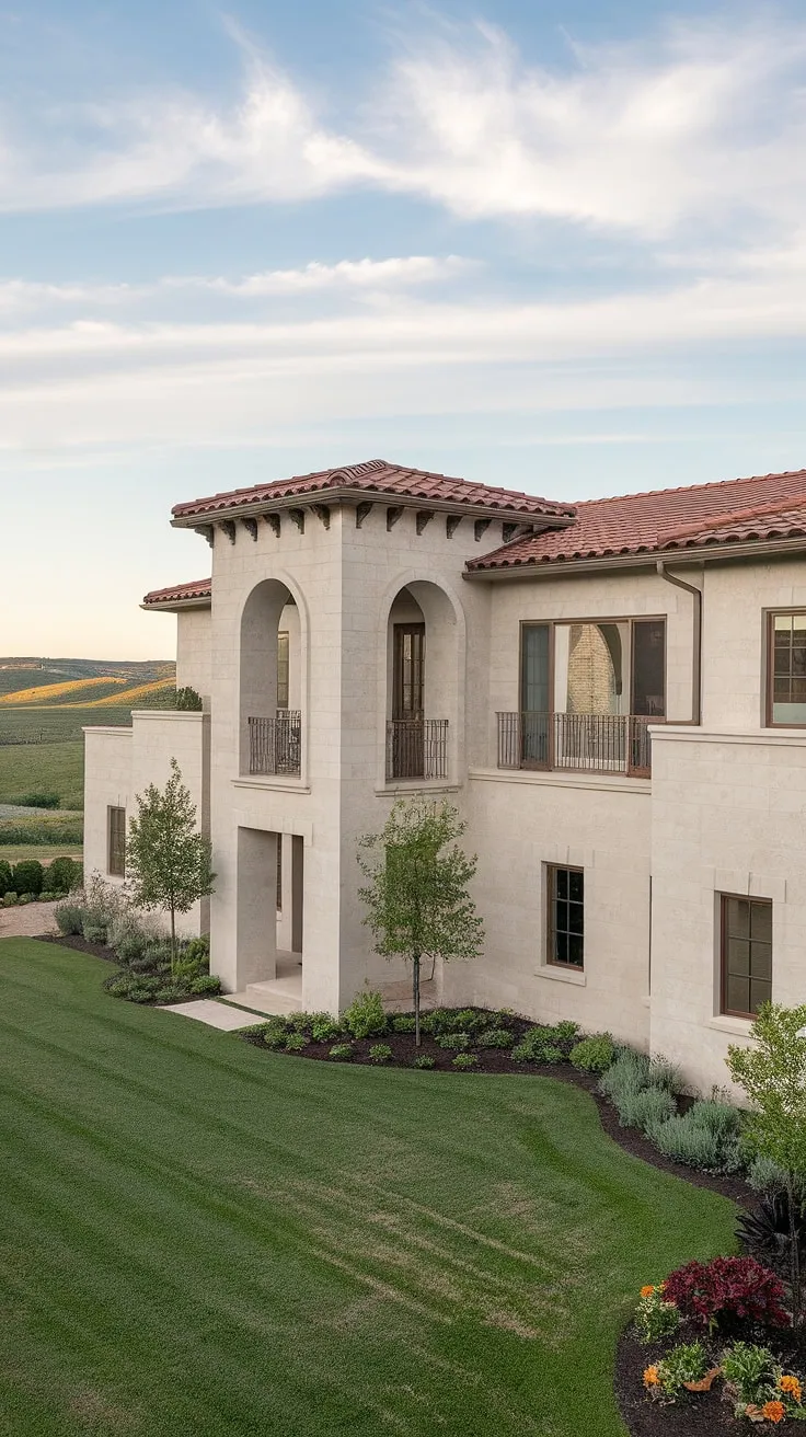 A sun-drenched Italian-style ranch home showcases arched details, balconies, and columns amidst vibrant greenery and rolling hills