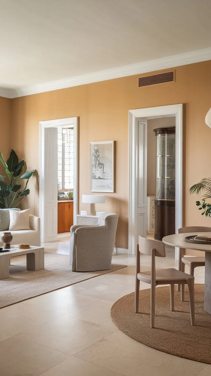 Sunlight streams into a charming Italian-style home, illuminating a light and airy living and dining area.