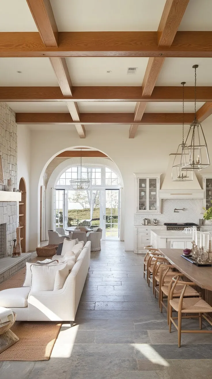 A light and airy Italian-inspired ranch home features a stunning blend of white interiors, warm wood accents, and a stone fireplace.