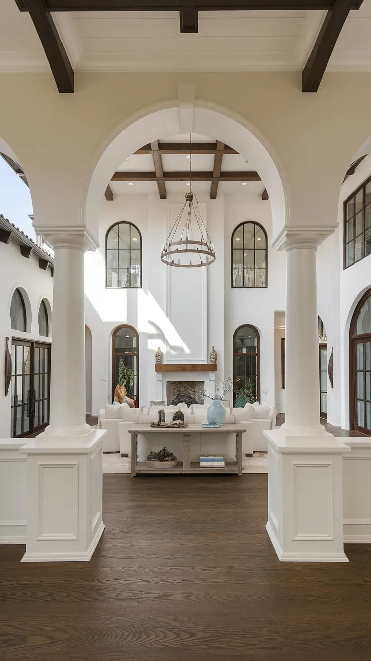 Sunlight streams into a stunning Mediterranean home, its white exterior and arched windows contrasting beautifully with a dark wood-floored interior featuring a fireplace and high ceilings.