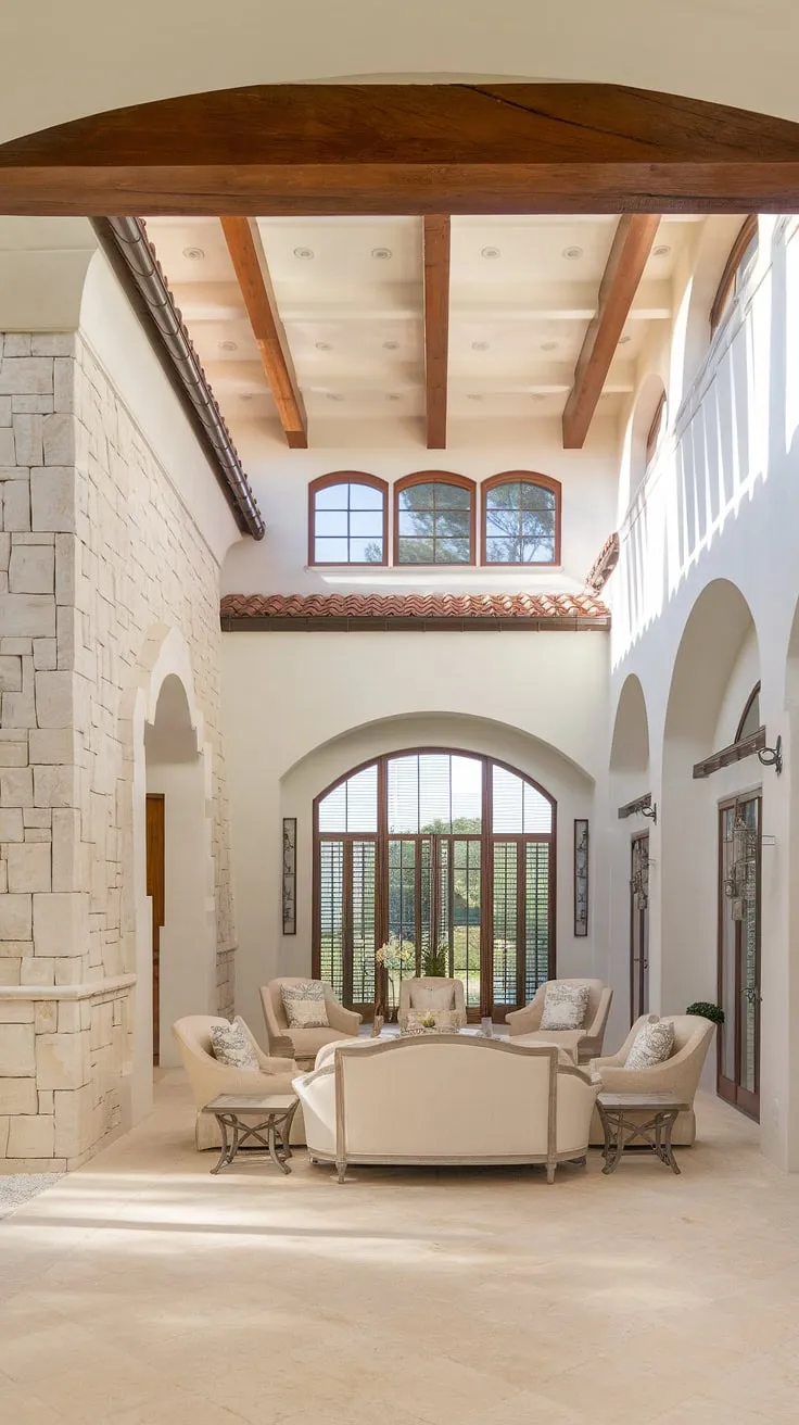 A bright Mediterranean home showcases a harmonious blend of stone, light, and airy living spaces.