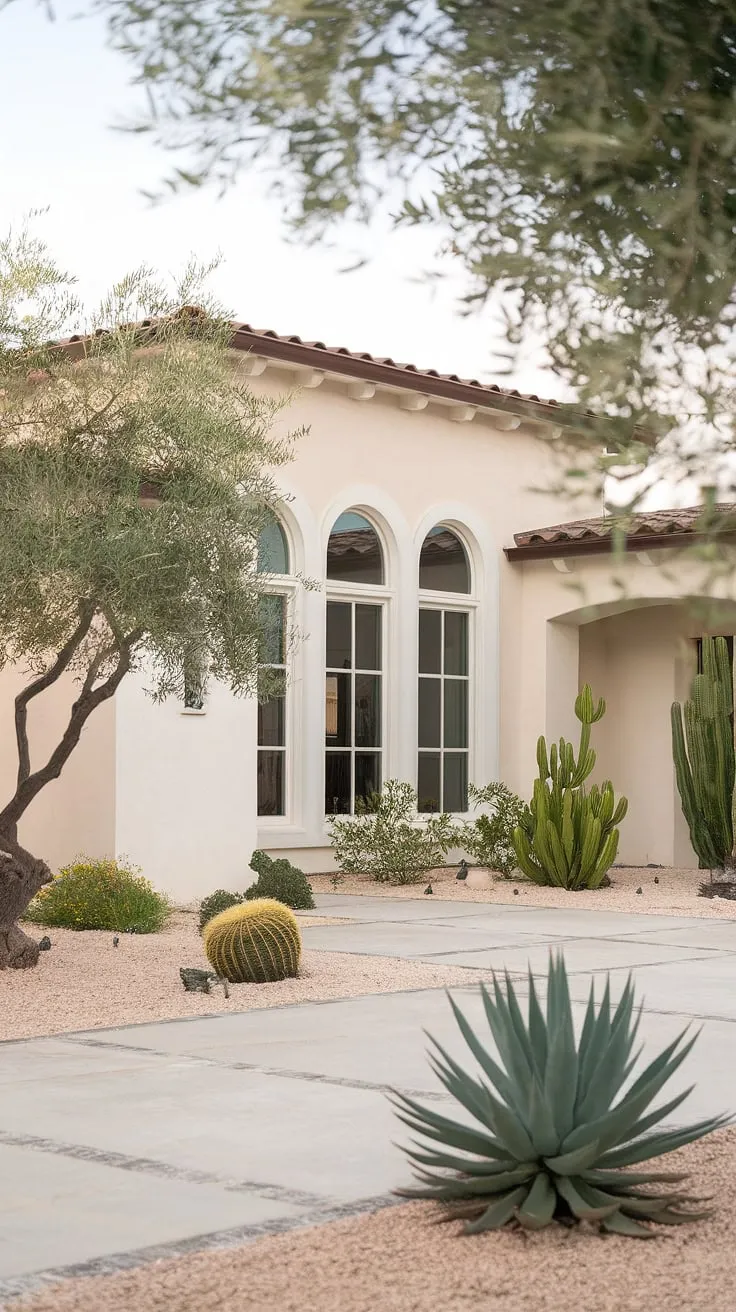 A light beige Mediterranean ranch home, accented with white trim, terracotta roof, arched windows, and drought-tolerant landscaping, beckons along a stone path.