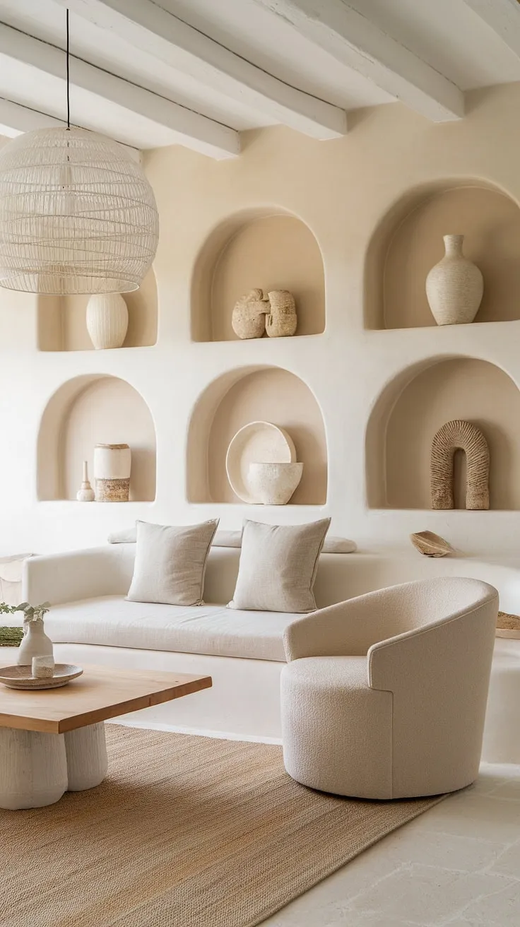 Sun-drenched beige and white tones create a serene Mediterranean haven in this airy living room.