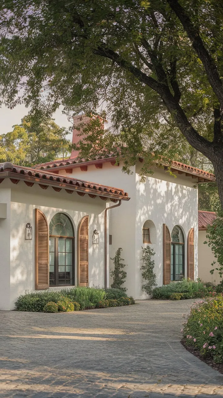 A sun-drenched Mediterranean home, whitewashed walls accented by a red roof and vibrant landscaping, exudes Italian charm