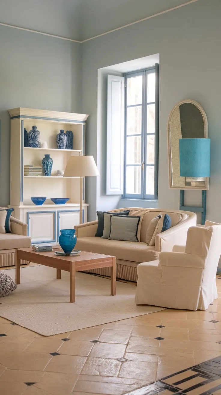 A sun-drenched Italian-style living room, featuring a calming blue and beige palette, showcases classic Mediterranean charm.