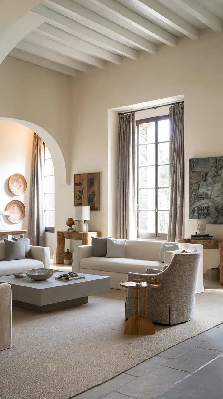Italian architectural details enhance the calming atmosphere of this airy, beige-toned living space