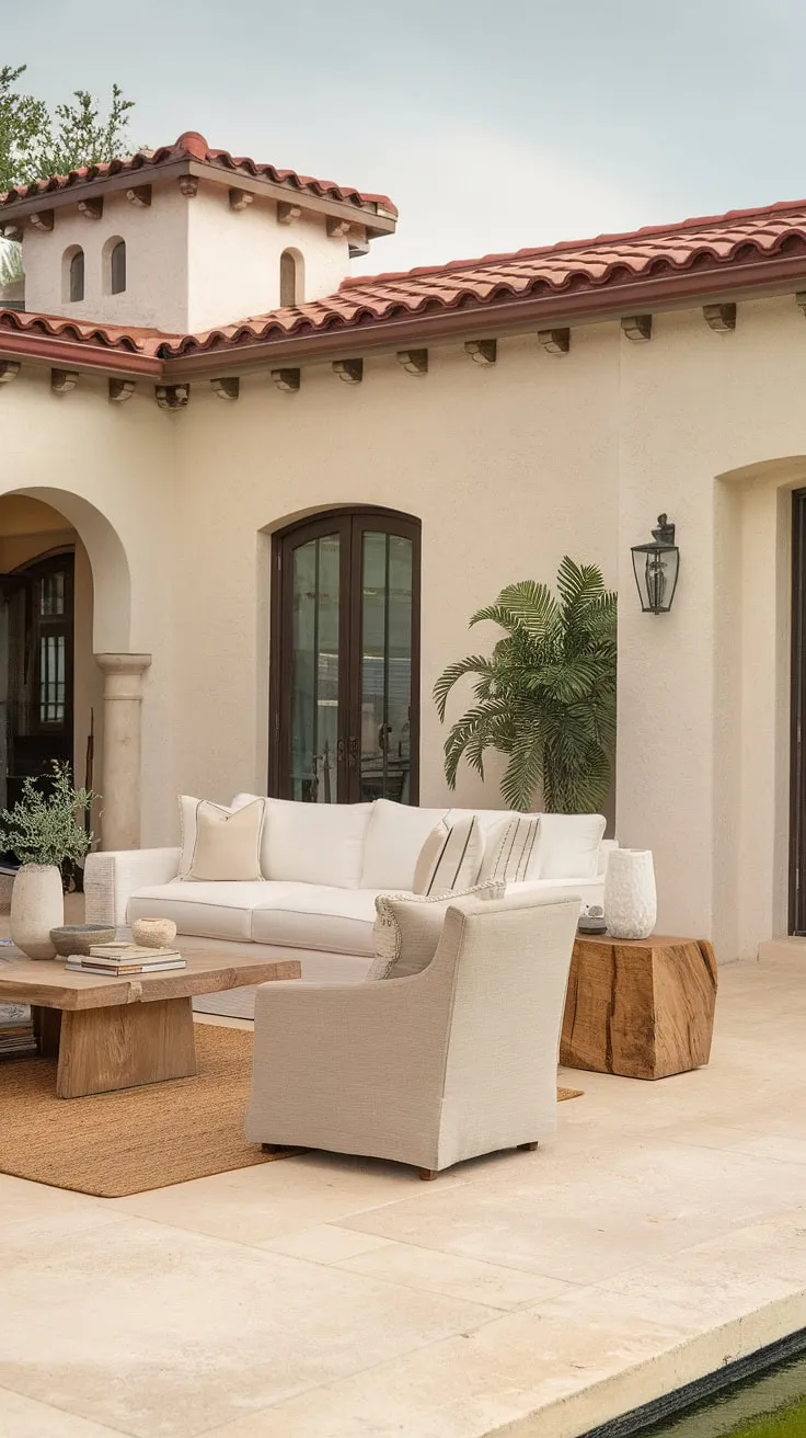 Sunlight streams into a light and airy Mediterranean ranch home, highlighting its terracotta roof and inviting interior.