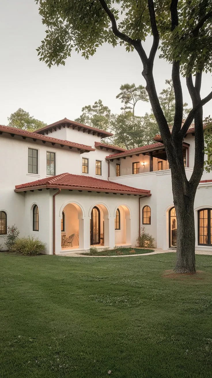 A tranquil Mediterranean home, whitewashed and red-roofed, nestles invitingly amidst lush greenery.
