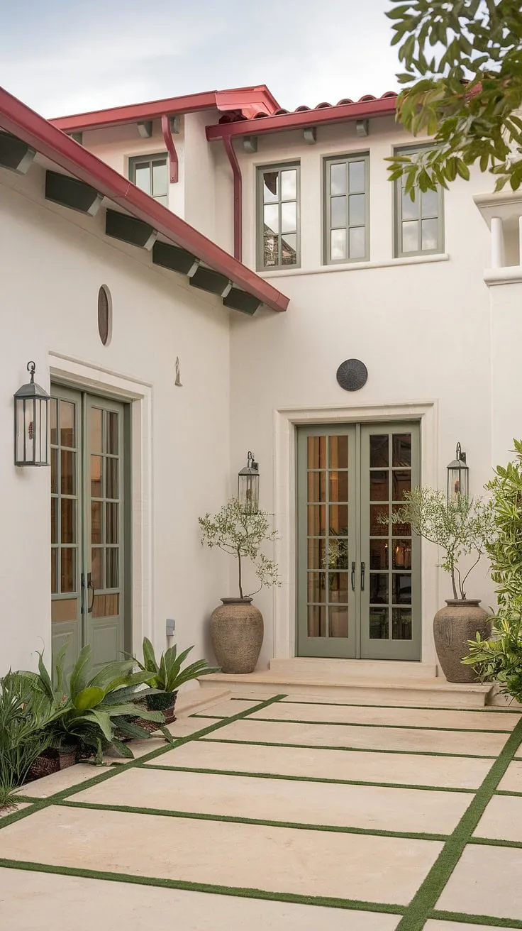 Elegant Italian-style architecture defines this Mediterranean home, showcasing a white exterior, green accents, and a warm interior.