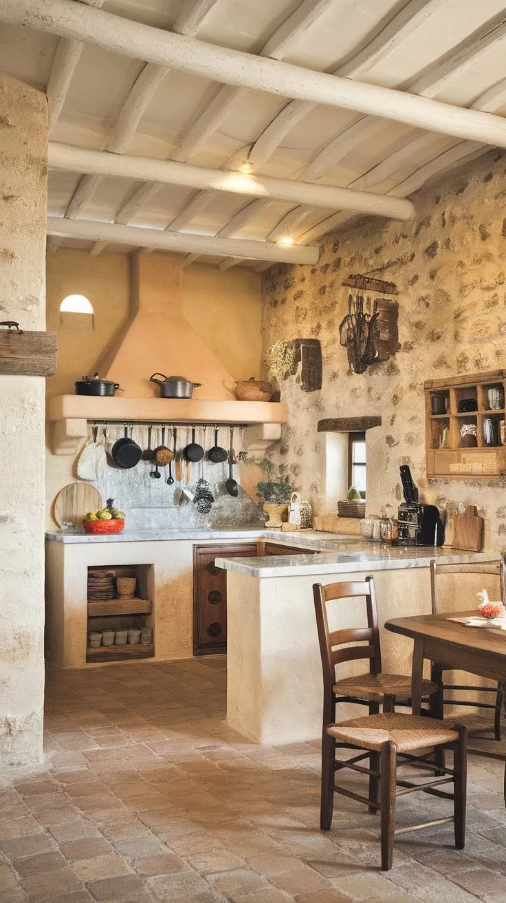 A stone-walled Italian kitchen evokes a charming Tuscan vineyard atmosphere with marble countertops and terra cotta floors.