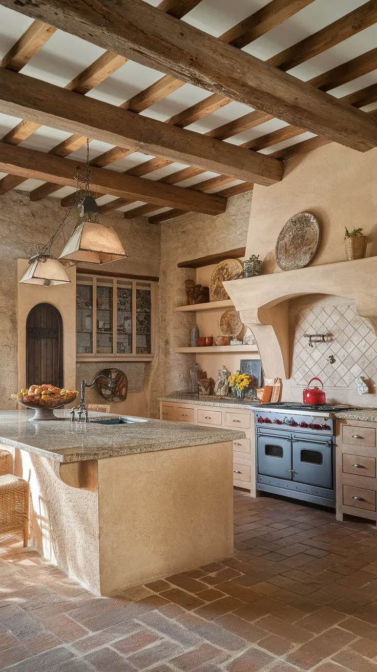 Italian home design shines in this Mediterranean kitchen, featuring terracotta floors and a charming vineyard aesthetic.