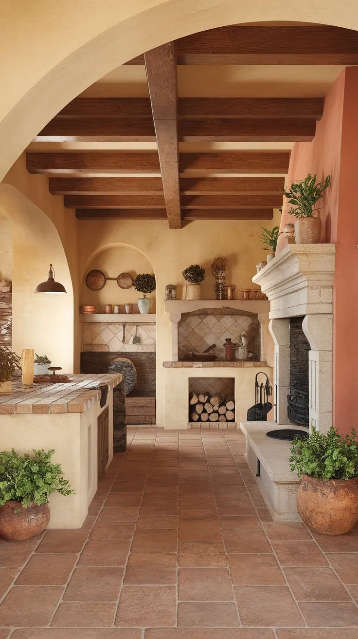 Warm beige and orange hues, wooden beams, terra cotta tiles, and a stone fireplace create an inviting Tuscan kitchen reminiscent of a sun-drenched vineyard.