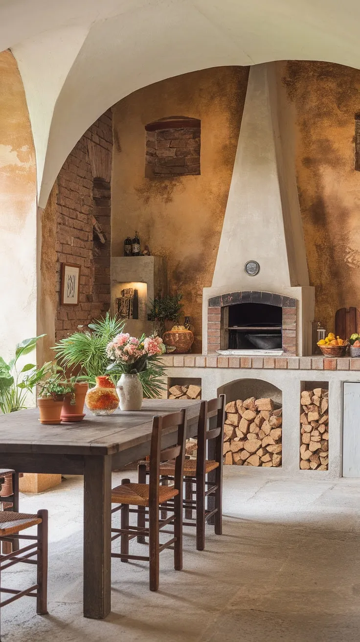 A Mediterranean-style kitchen evokes warmth with its stone floor, wooden table, and blooming flowers.
