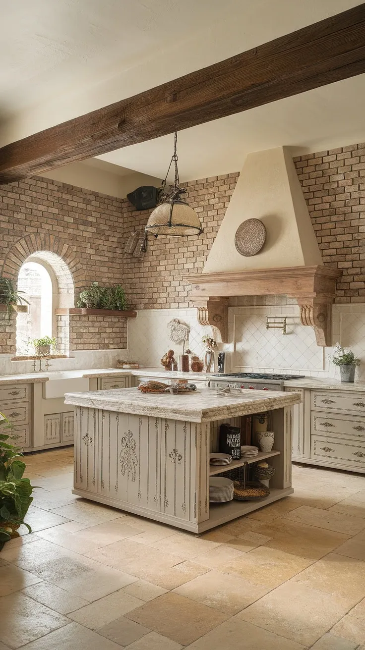 A vineyard-themed Italian kitchen boasts exposed brick walls, a wooden beam, and a large marble island, evoking a warm Mediterranean atmosphere.