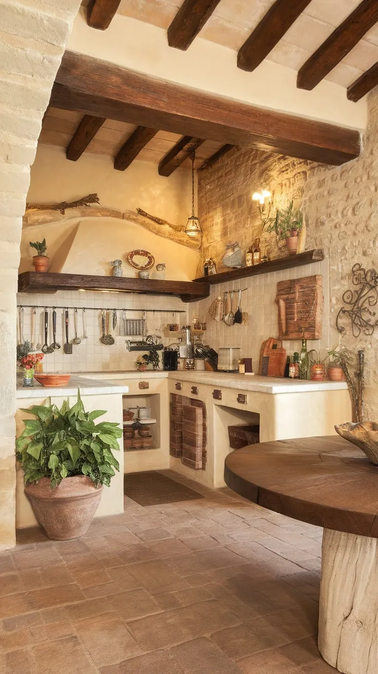 Rustic stone walls, terracotta floors, and vineyard-inspired decor create a warm, inviting Tuscan-style Mediterranean kitchen.