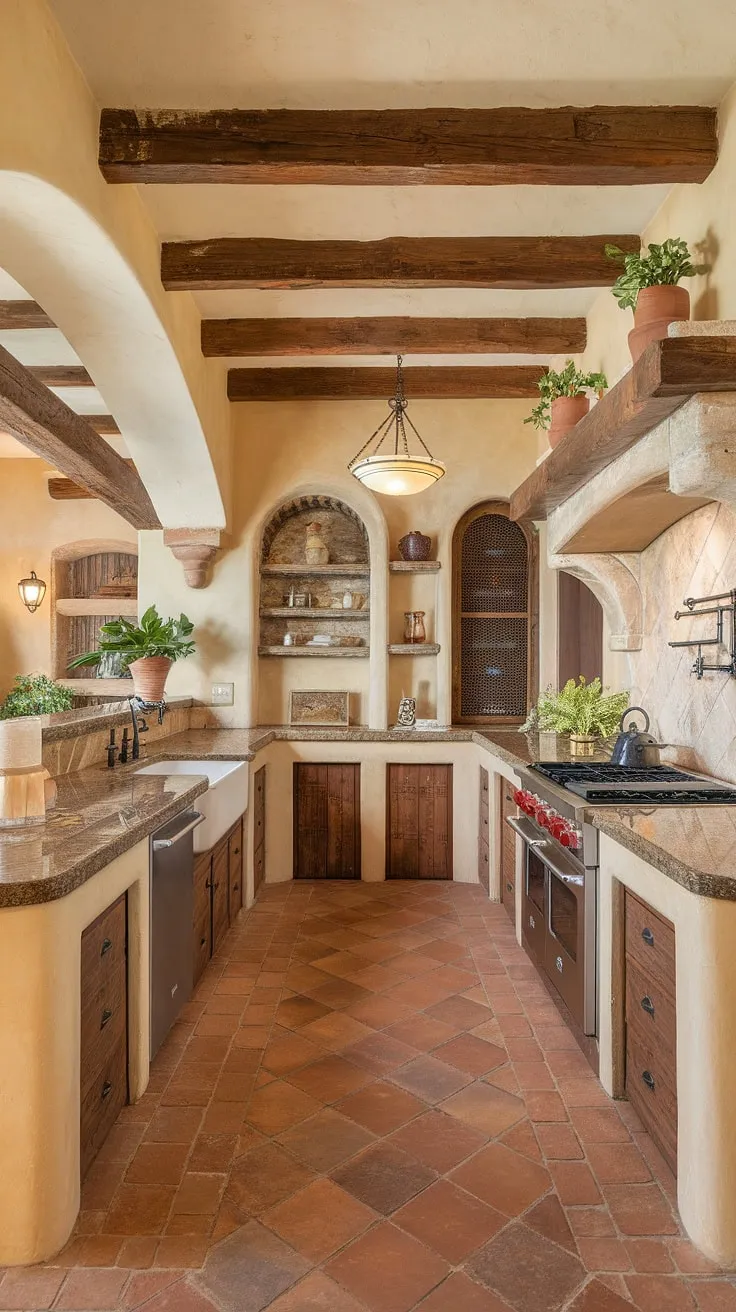 Warm Tuscan charm fills this Mediterranean kitchen, its granite counters and terracotta floors complemented by exposed beams and vineyard-inspired details.