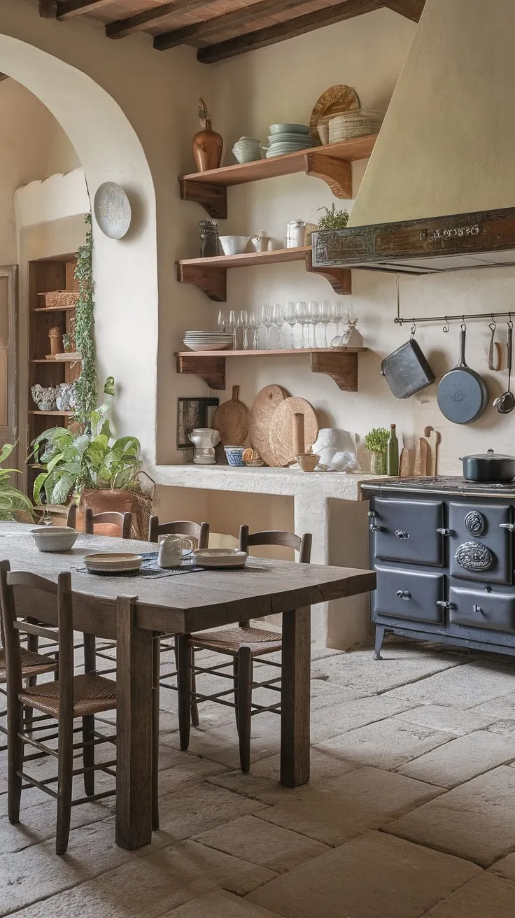 Tuscan charm fills this kitchen, evidenced by its aged stone, wooden table, and vibrant greenery