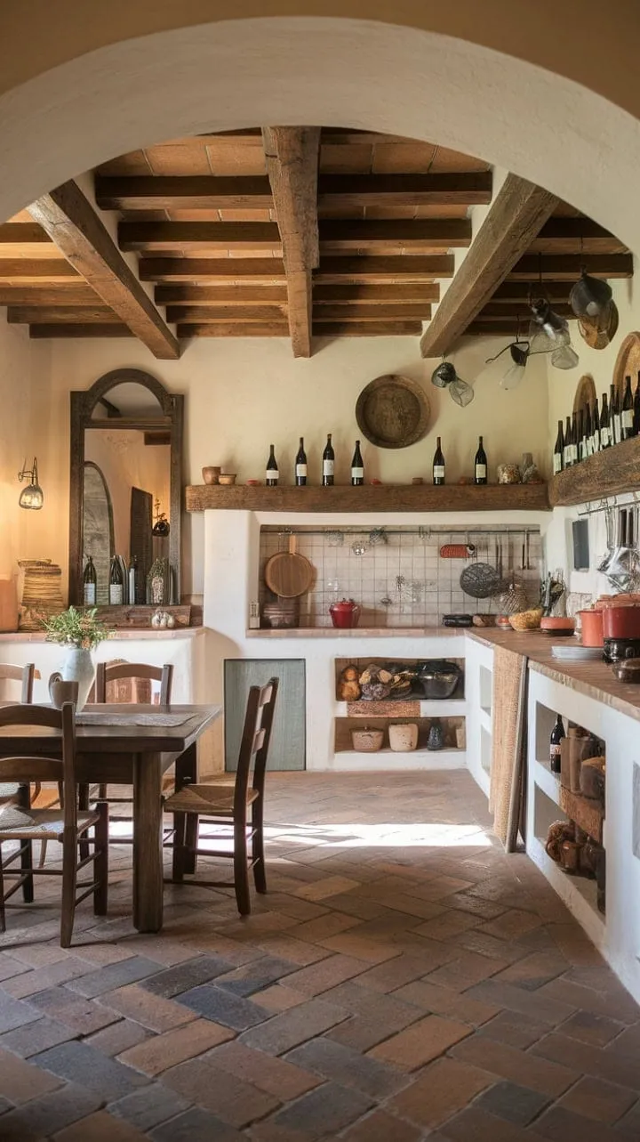 In a sunlit Tuscan kitchen, the rich aroma of ripe grapes mingles with the warmth of terracotta and the charm of rustic decor, inviting cherished moments of family and feasting.