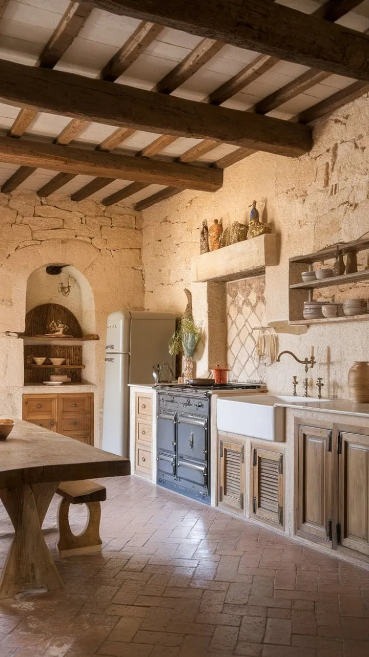 This Tuscan villa kitchen harmonizes rustic beauty with earthy tones and aged wood, evoking timeless tranquility through its rich heritage and cozy ambiance.