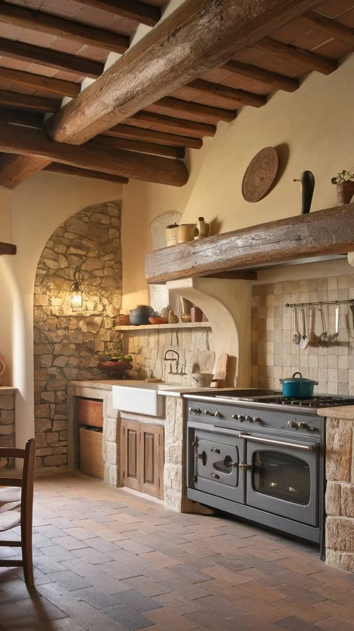 In this enchanting Tuscan kitchen, sunlight dances on terracotta and aged wood, while the aroma of simmering sauces evokes the warmth of countless shared meals.