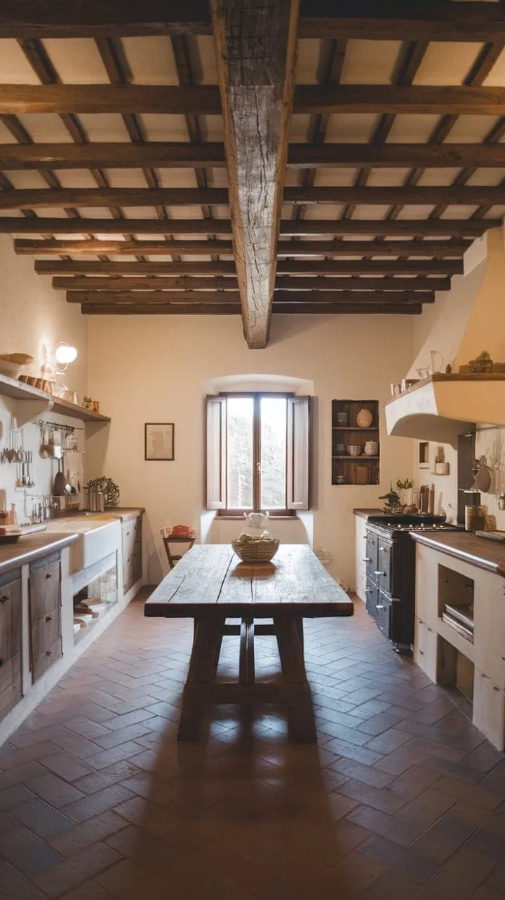 In this rustic Italian kitchen, sunlight dances on terracotta tiles while the aroma of simmering tomatoes and herbs evokes the warmth of generations of shared meals.