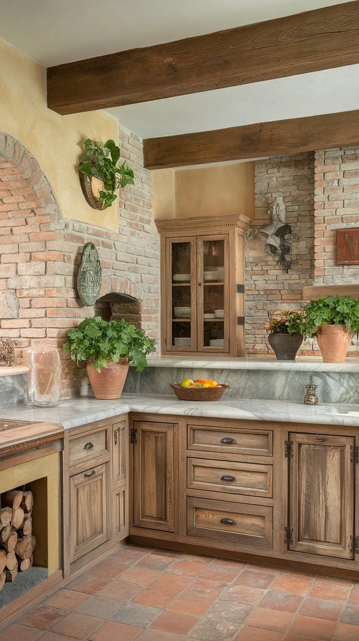 A vineyard-inspired Italian kitchen evokes warmth with its aged wood, stone fireplace, and terracotta floors.