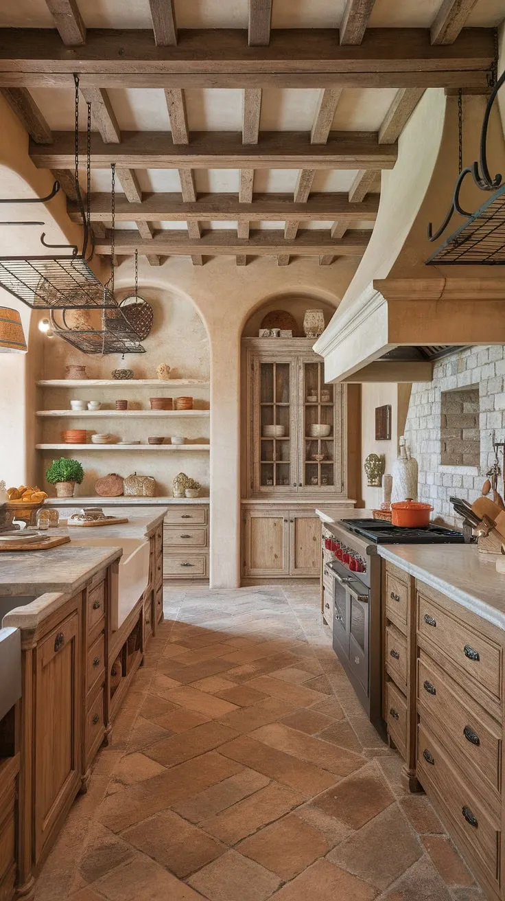 Earthy tones, exposed beams, and marble countertops create a warm, inviting Tuscan kitchen.